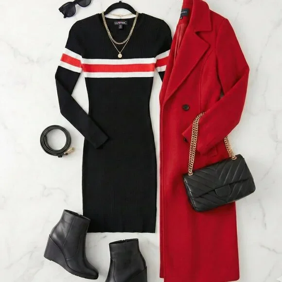 LUV NYC Black Red White Striped Ribbed Long Sleeve Bodycon Mini Dress Small - Picture 3 of 4